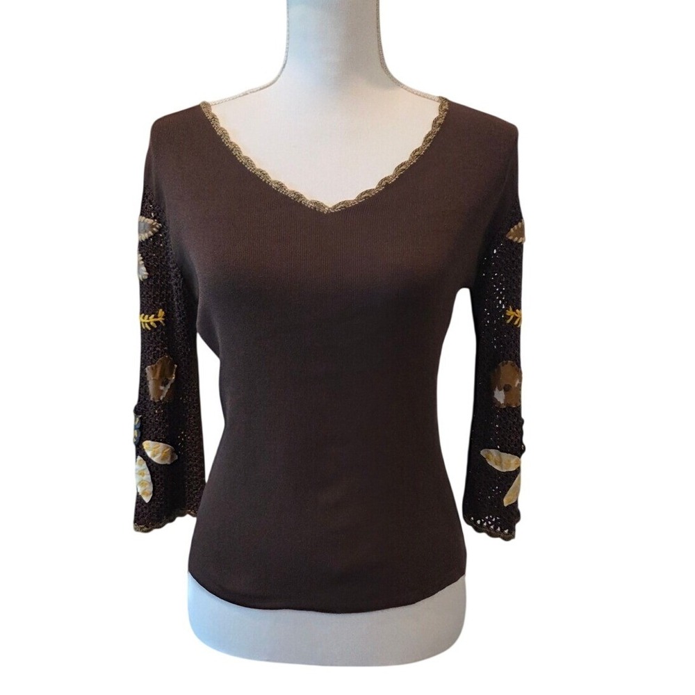 Joseph A. Crochet Sleeve Knit Top Slim Fit Brown Floral Cottagecore Boho M